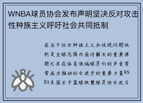 WNBA球员协会发布声明坚决反对攻击性种族主义呼吁社会共同抵制