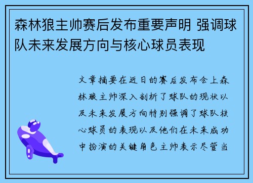 森林狼主帅赛后发布重要声明 强调球队未来发展方向与核心球员表现