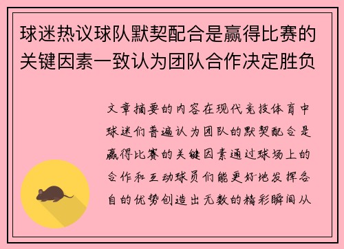 球迷热议球队默契配合是赢得比赛的关键因素一致认为团队合作决定胜负