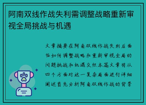 阿南双线作战失利需调整战略重新审视全局挑战与机遇